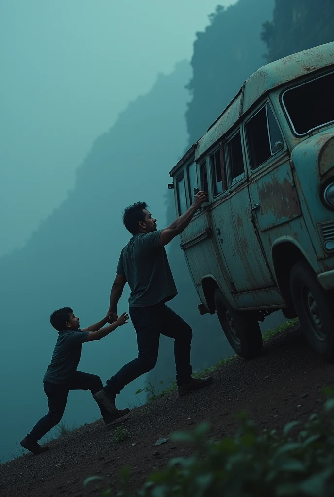 cinematic, photorealistic film poster of a man pushing an old van near a cliff from behind, a boy grabbing unto the mans leg, gets dragged, late night, foggy, fear, Kalimpong Outskirts