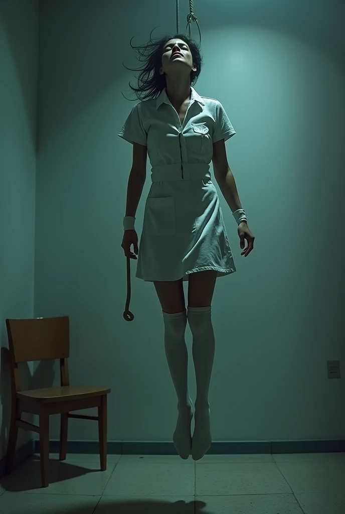 Nurse scene in white thigh high socks, hanged, thòng lọng, hovering in the air , The chair fell at the nurse's feet.