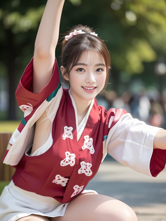 Photo-realistic quality、A Japanese woman wearing a white happi coat and holding a folding fan is dancing the Awa Odori dance in the park, Cute playful pose of the dancer, White socks、Traditional Japanese Kimono、looking at the camera、Detailed and beautiful eyes、Cute smile、A soft and gentle look、Thin thighs