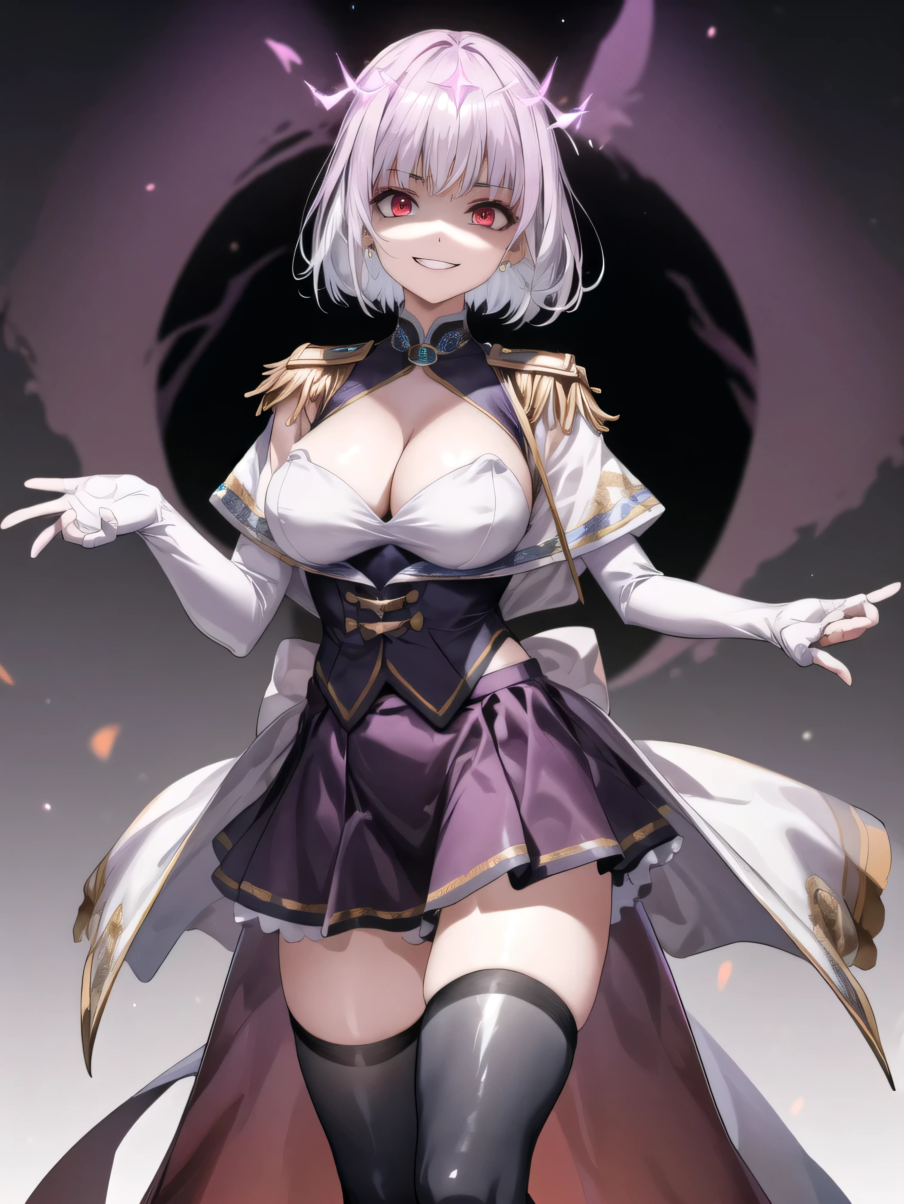 masterpiece, Highest quality, High resolution, male, short hair, Hello, Red eyes, Large Breasts, Cleavage, Epaulettes, White gloves, - Elbow hand pockets, Purple Skirt, Knee socks, Cowboy Shot, Are standing, Place your arms at your sides, straight, street,Two legs,Five Fingers,Evil background,,evil grin, Debish Aura (Shiny fabric:1.5),Dark world background,solo,Decorated with skulls. background, A mountain of skulls beneath ,Two hands,