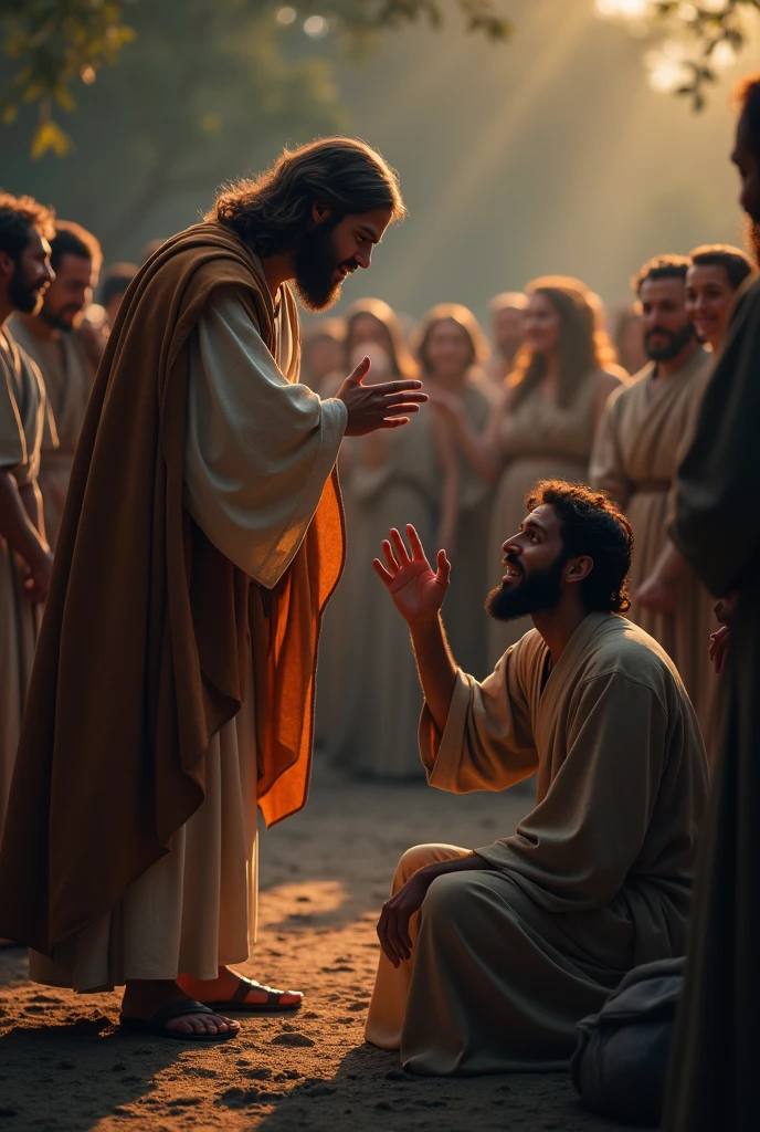 In an evening Jesus give his hand to a sitting man and help to stand up among crowds

Need animated image