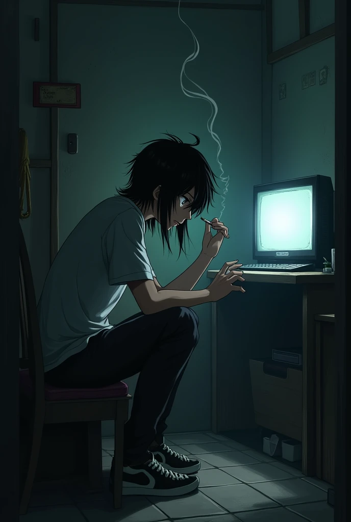 Alone boy smoke in house in long hair in anime 