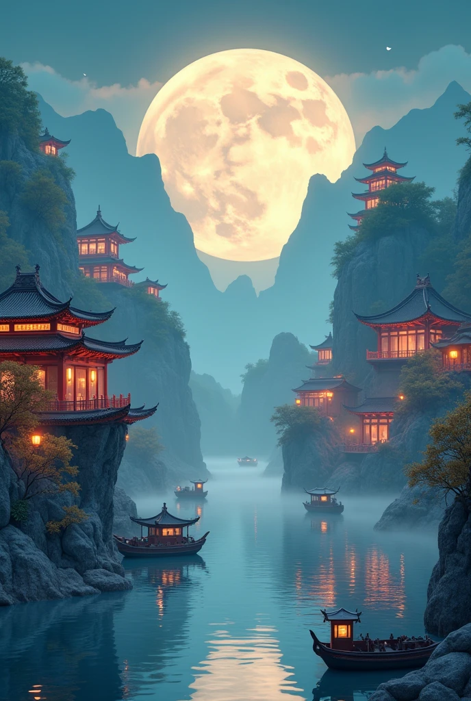 [Vision:1.0]，[Wide Angle:1.0]，Digital artwork shows Chinese pavilions and towers，A tranquil and peaceful scenery，Figurines of ships，And the lush mountain lights，Kongming Lantern，A big full moon adds to the tranquil night atmosphere，And a few white jade rabbits，Delicate style，Looks like hand-painted，Emphasis on natural and cultural elements，3d, C4D rendering, 8k, super high detail, Bright colors，Bright，rgb, Colorful)，(High contrast:1.5)，(whole body:1.8), magazine photography，Popular on social platforms，((Dopamineism))，(((Dopamine color matching)))，Facing the screen，Dopamine color，High Saturation，High contrast，High Definition，8k，Dopamine，(in the style of Y2K)，Luo Erchun，Three-dimensional ancient style，Oriental poetry and painting
