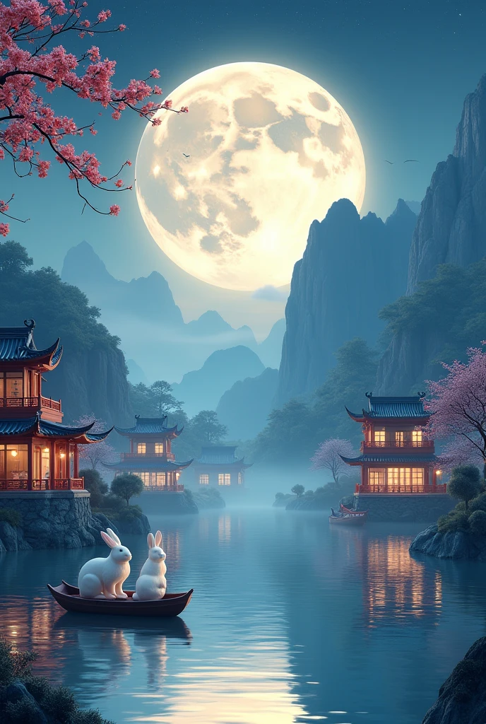 [Vision:1.0]，[Wide Angle:1.0]，Digital artwork shows Chinese pavilions and towers，A tranquil and peaceful scenery，Figurines of ships，And the lush mountain lights，Kongming Lantern，A big full moon adds to the tranquil night atmosphere，And a few white jade rabbits，Delicate style，Looks like hand-painted，Emphasis on natural and cultural elements，3d, C4D rendering, 8k, super high detail, Bright colors，Bright，rgb, Colorful)，(High contrast:1.5)，(whole body:1.8), magazine photography，Popular on social platforms，((Dopamineism))，(((Dopamine color matching)))，Facing the screen，Dopamine color，High Saturation，High contrast，High Definition，8k，Dopamine，(in the style of Y2K)，Luo Erchun，Three-dimensional ancient style，Oriental poetry and painting