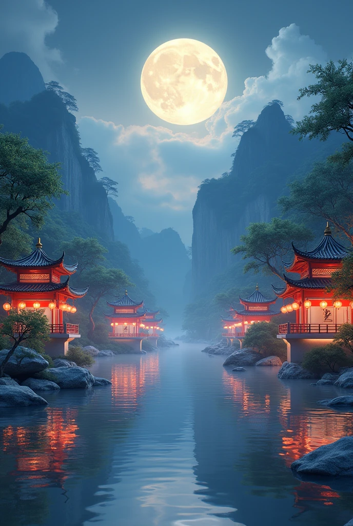 [Vision:1.0]，[Wide Angle:1.0]，Digital artwork shows Chinese pavilions and towers，A tranquil and peaceful scenery，Figurines of ships，And the lush mountain lights，Kongming Lantern，A big full moon adds to the tranquil night atmosphere，And a few white jade rabbits，Delicate style，Looks like hand-painted，Emphasis on natural and cultural elements，3d, C4D rendering, 8k, super high detail, Bright colors，Bright，rgb, Colorful)，(High contrast:1.5)，(whole body:1.8), magazine photography，Popular on social platforms，((Dopamineism))，(((Dopamine color matching)))，Facing the screen，Dopamine color，High Saturation，High contrast，High Definition，8k，Dopamine，(in the style of Y2K)，Luo Erchun，Three-dimensional ancient style，Oriental poetry and painting