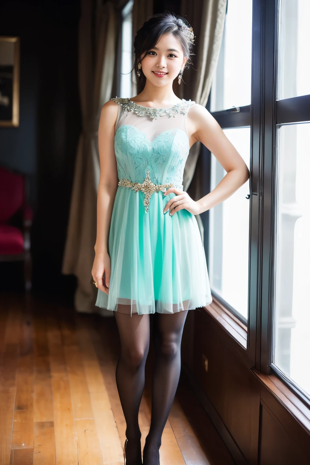 ulzzang-6500-v1.1, (RAW Photos:1.2), (Photorealistic), Beautiful detailed girl, (Genuine: 1.4), Very detailedな目と顔, Beautiful and fine details, (((Upper class girl in elegant formal dress of random colors:1.3)))、(Ultra-realistic pantyhose:1.2), (High heels:1.2), (I keep my hair short)、 (A very loving smile:1.2)、Large file size, High resolution, Very detailed, Highest quality, [masterpiece:1.6], Awareness-raising, Very detailed, Hmph, In detail, Highest quality, 8k wallpaper, Cinema Lighting, One Girl, , Perfect figure, Cute droopy eyes、Beautiful big eyes、 ((masterpiece)), Highest quality, One Girl, eye shadow, Upper Body, Portraiture, ((Full Body Shot:1.14))、