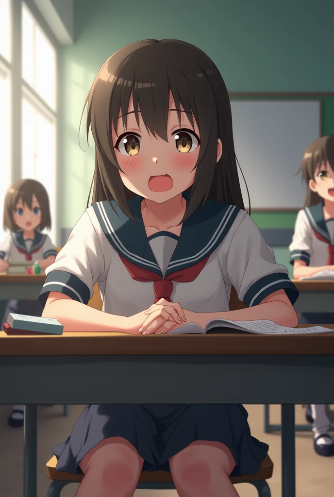 A young girl in a school uniform sitting at a desk was shocked. And her classmates looked at her from a distance.