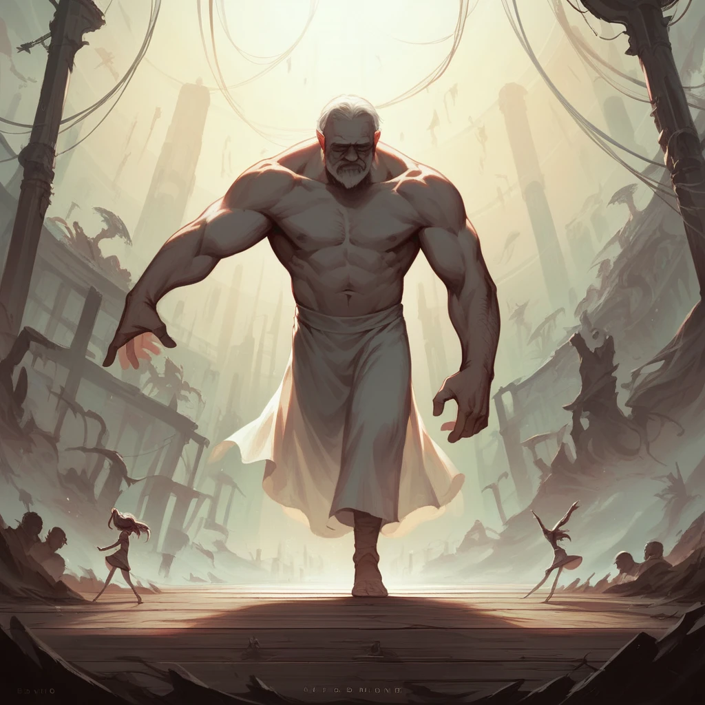 (old man with exposed brain, a girl dancing with wooden worm inside brain, intricate anatomy, cinematic lighting, hyper detailed, dark fantasy,chiaroscuro,moody,dramatic,surreal,conceptual)