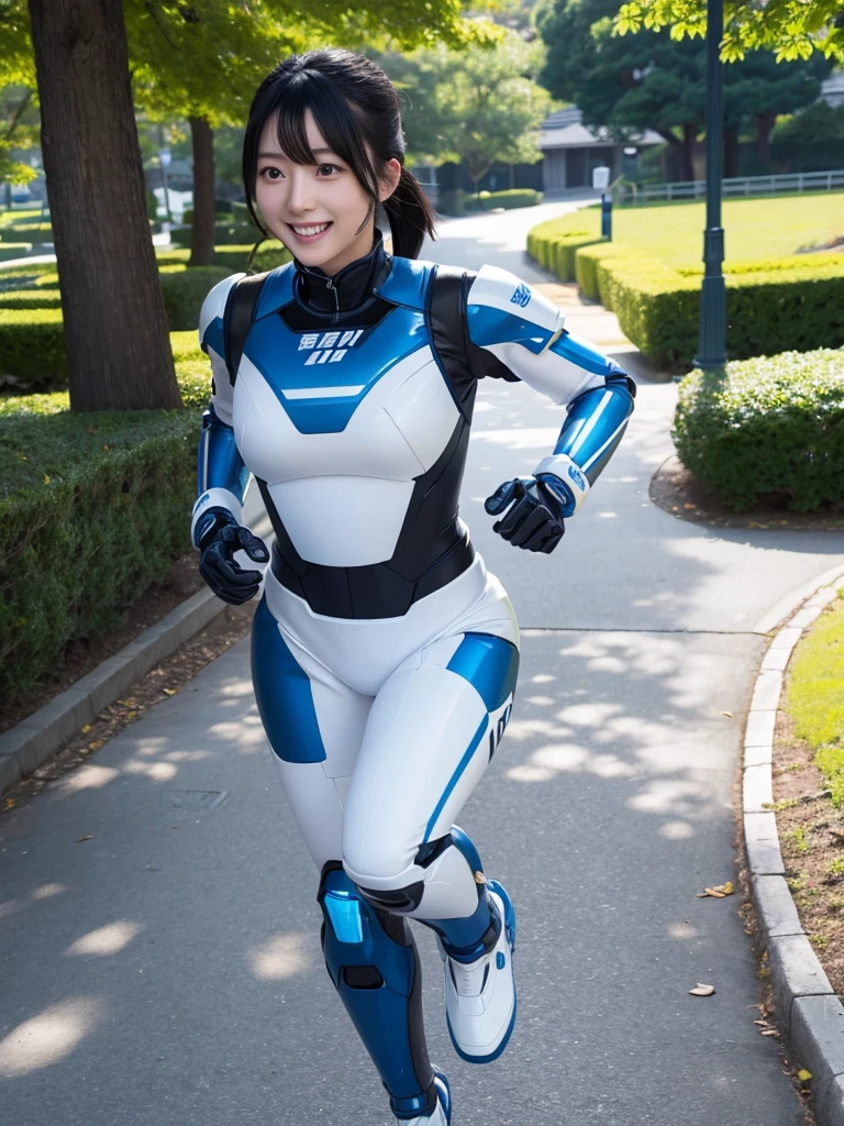 Japanese female android,Black Hair,White and blue robot suit,Plump,Running along the park path,smile