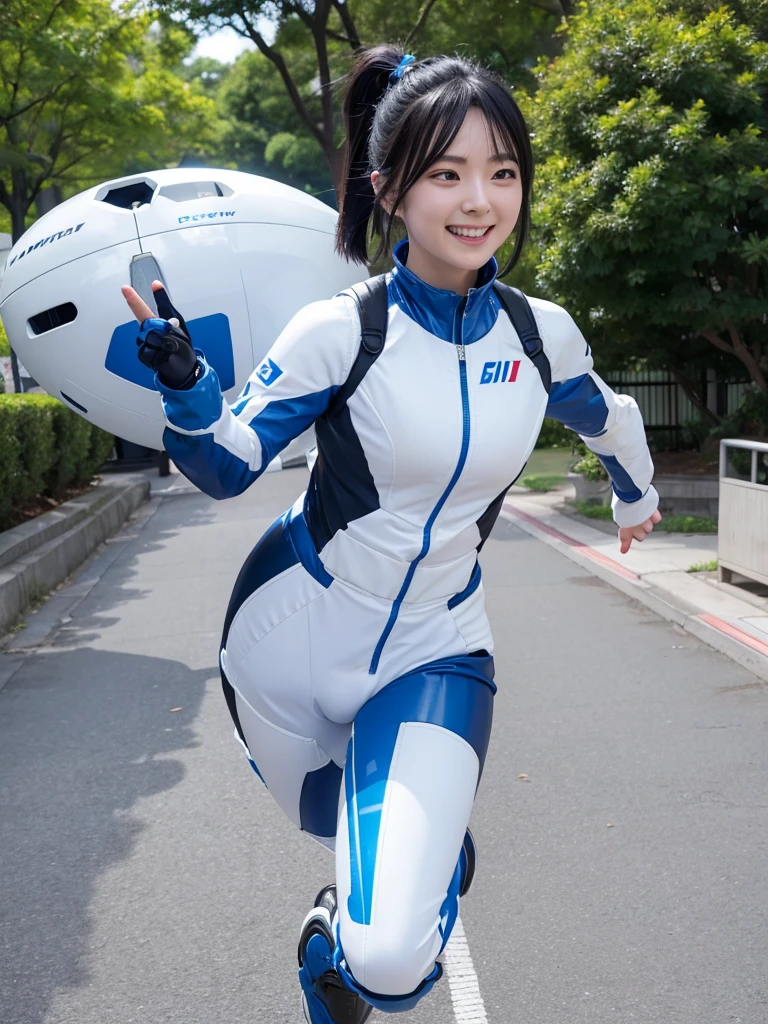 Japanese female android,Black Hair,White and blue robot suit,Plump,Running along the park path,smile