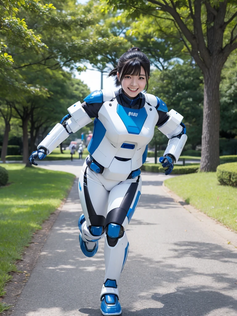 Japanese female android,Black Hair,White and blue robot suit,Plump,Running along the park path,smile