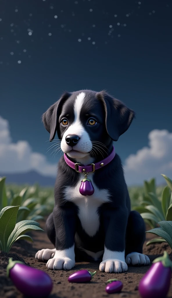 Masterpiece. Conceptual art. 16K. UHD. High quality, photorealism. Thematic background.
Cute serious Guard Puppy. Black puppy with a white stripe on his muzzle from forehead to mouth. Large white spot on his chest. White paws. A pendant in the form of a small eggplant hangs on his collar. Starry night. Guarding a field of eggplants.
Stunning full-color design, sharp focus, studio shooting, intricate details, high detail, detailed anatomy. Hyperrealism.