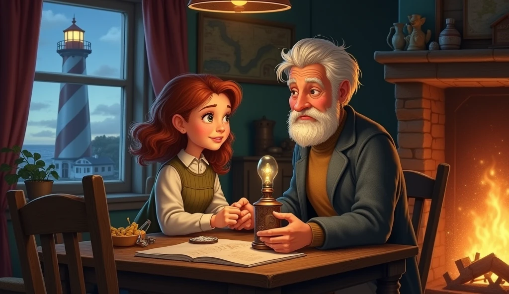 Character Description: Edgar’s wise and kind demeanor contrasts with Lily’s youthful energy. He is always seen in his practical lighthouse keeper attire, which includes a thick sweater, coat, and boots. His expression is often serious but warm.
Prompt: A vintage illustration of Edgar sitting with Lily at a wooden table in their cozy home. He is handing her the small, worn-out lamp, explaining its significance. Lily listens attentively, her face a mix of curiosity and doubt. The room is warmly lit by a fire, with nautical decorations and old maps adorning the walls. Outside the window, the lighthouse can be seen standing tall against the evening sky