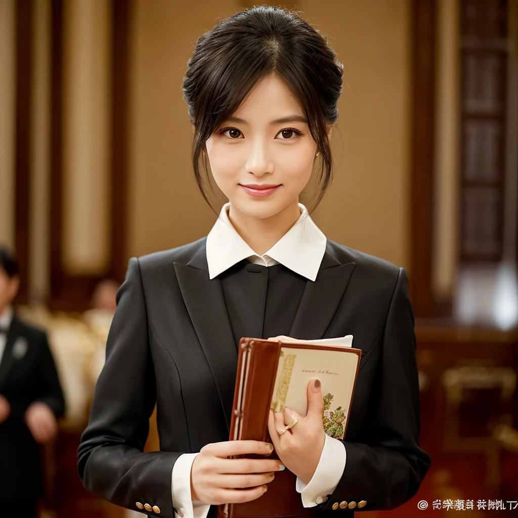 "Portrait of a 2 Japanese female event coordinator specializing in ceremonial services, with slightly asymmetric facial features and body, giving her a dignified yet approachable appearance. She has calm, almond-shaped brown eyes, a gentle yet composed smile with soft lips, and shoulder-length straight black hair neatly styled in a low bun, conveying professionalism and respect. She is dressed in a tailored black suit with a white blouse, symbolizing formality and grace, appropriate for both weddings and funerals. In one hand, she holds a sleek leather-bound planner, while the other hand is gently clasped in front of her. The background features a serene and tastefully decorated ceremonial hall, with elegant floral arrangements and soft, ambient lighting, creating a solemn yet peaceful atmosphere. The lighting is soft and balanced, emphasizing her respectful and attentive demeanor."