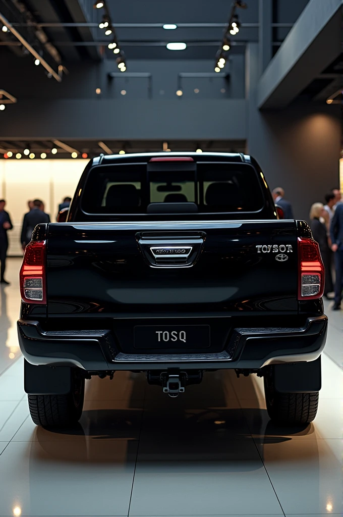 Give me a competative image of ( Toyota Land Cruiser Pickup ) black ) back view in showroom