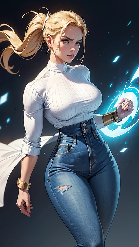 "Create a superhero, extremely agile and strong, wearing a modern outfit based on jeans and a white blouse. The costume must be detailed, with elements that reflect strength and power, but also the hero's agility. The character's face should be inspired by actor Liam Hemsworth, capturing your striking features. The style should be inspired by Marvel Comics and DC Comics, with a powerful and imposing appearance, showing the hero in a dynamic and heroic pose, he totally manipulates the weather, fully body, 8k, in the best possible quality."