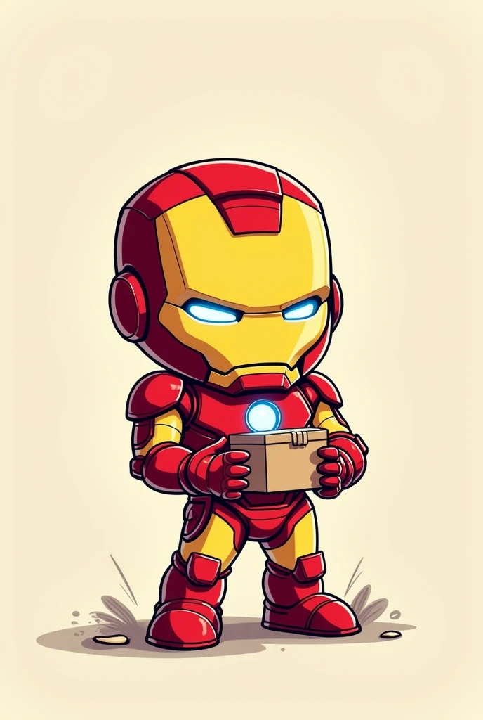 Cute adult Iron Man holding a box in his hands in a cartoon hand drawn style