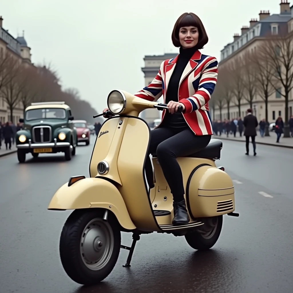 The time is Swinging London in 1967.、A full-body shot of a very beautiful 2 glamorous woman in 60&#39;s fashion、She rides an old 60s Vespa scooter down the avenue of the Arc de Triomphe、A tight Union Jack tailored jacket, a black turtleneck knit, black skinny pants, and black long boots.、A London street in 1967、dark brunette very stylish 60's bob haiir,60&#39;s makeup like Twiggy、sagging huge Breasts、A happy smile、