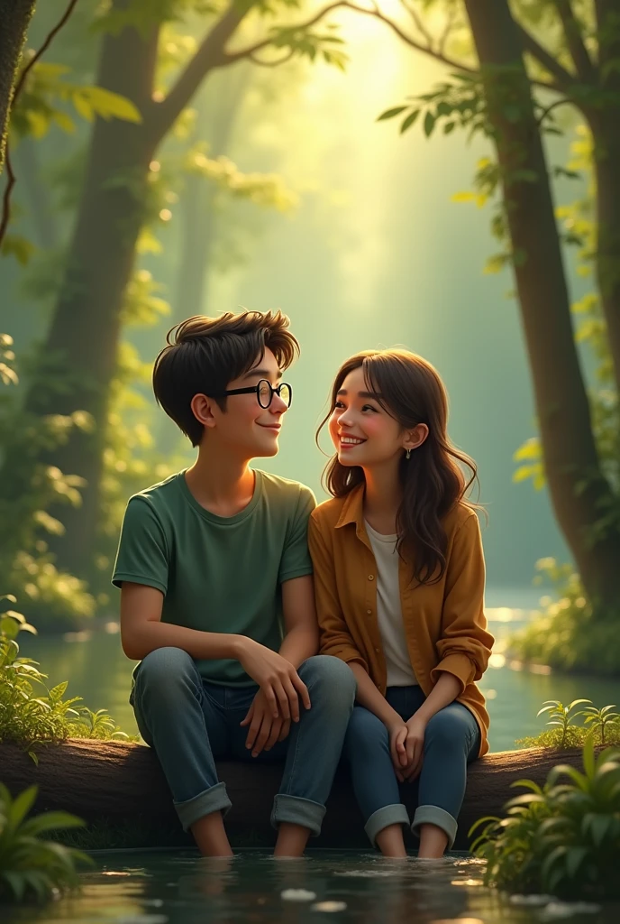 A boy and girl of 20 years old Glass on his two eye and they fill happy sitting on the see in deep forest. Photo front side