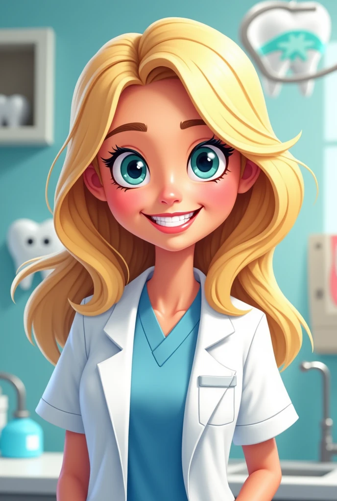 Create a cartoon blonde dentist woman, slightly wavy shoulder length hair, 4 fun person who works with facial harmonization