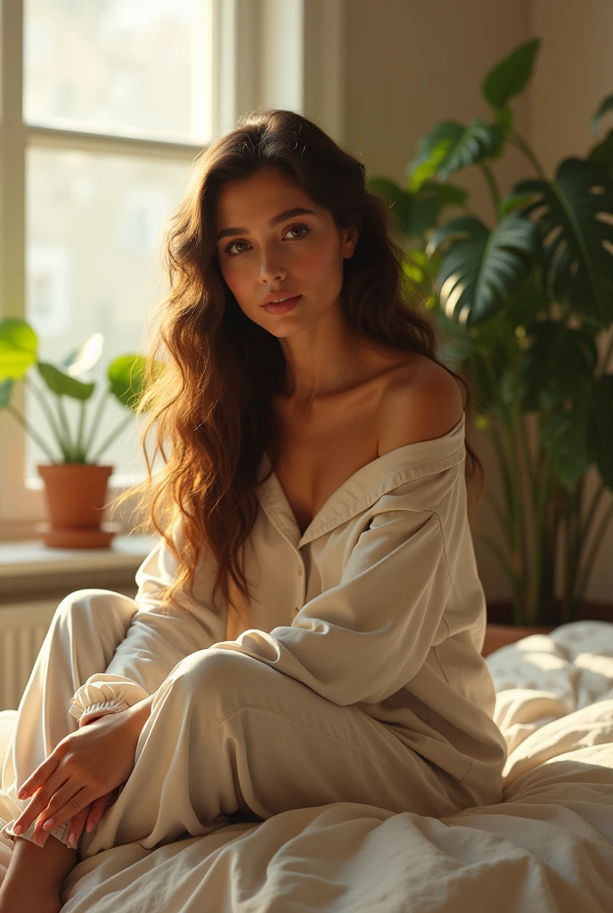 (photorealism:1.2), beautiful woman, sitting on bed, wearing loose off-shoulder top, pajama pants, long curly hair, indoors, soft lighting, plants in background, window with sunlight, cozy room, relaxed pose, realistic, intricate details, warm colors, by Greg Rutkowski, by Alphonse Mucha