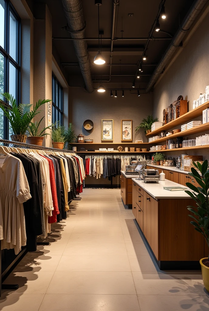 I want you to create a Store outlet for my startup in which i want to open a thrift clothing store+ Cafe. The store should be big enough to contain both of my thrift store and Cafe. It should look aesthetic and premium. The clothes should be showcased in such a comfortable way that the customer finds them attractive and also when they come to eat it should not look disgusting. The store should have proper lighting and a good setup. Also it should give some american vibes.