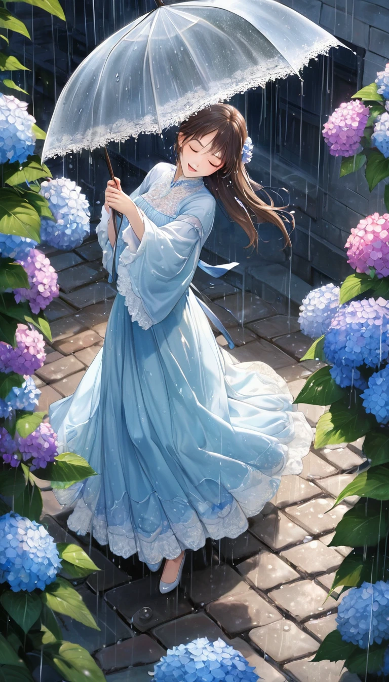 From above, Highest quality, Super Fine, 16K, 2.5D, Delicate and dynamic depiction, in the rain、A beautiful woman spinning around, Close your eyes、Lift your face and spin around, She is wearing a long dress with large sleeves and frills with lace., lots of raindrops, The raindrops appear to be frozen in slow motion, Rain-making dance, Cobblestones, Vivid hydrangeas in full bloom, Dim sunlight