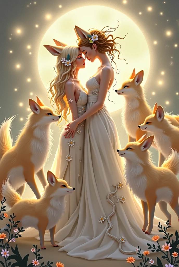Sexy Kitsune and her four daughter. she is beside her female human lover.