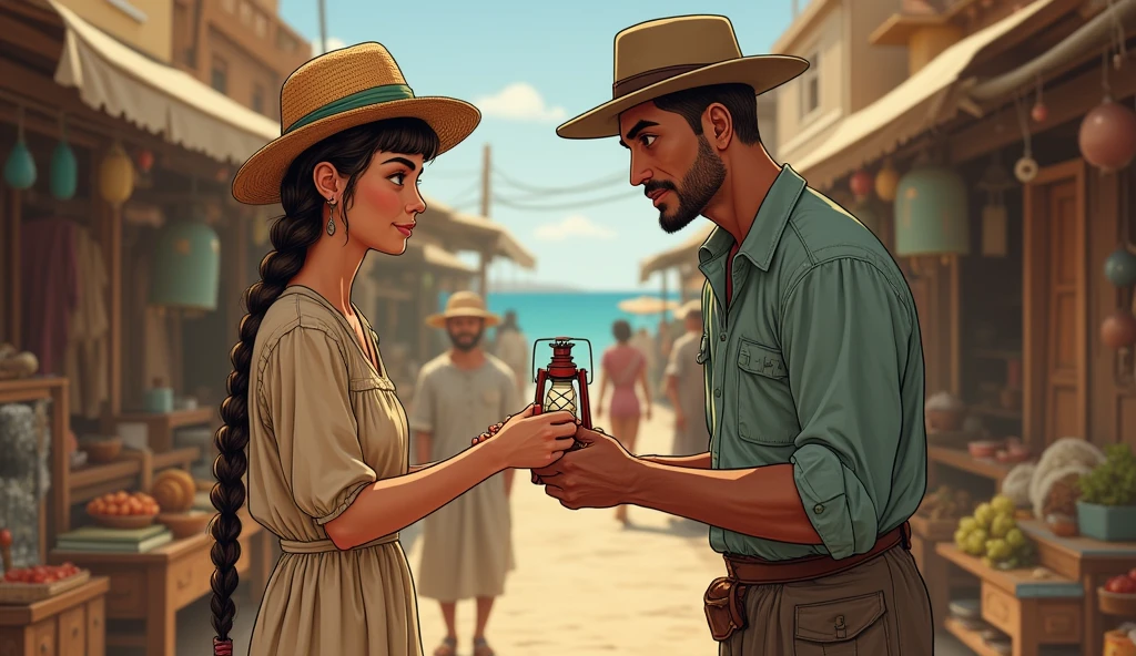 Character Description: Lily, with her long braid and simple dress, carries herself with youthful determination. She has a gentle smile but is focused and determined in her actions. Her eyes reflect her growing understanding of responsibility.
Prompt: A vintage-style illustration of Lily in the bustling village market, holding the small, worn-out lamp in her hands. She is engaging with a fisherman, who looks at the lamp with mild interest. The market is lively, with various stalls and villagers in mid-20th century attire going about their business. The colors are warm and inviting, with a hint of the sea visible in the distance