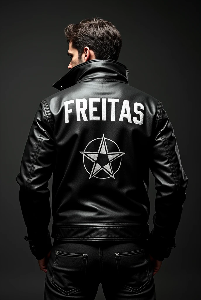 Create a black leather jacket with "Freitas" written on the back of the white jacket. I need something that reminds me of rock, and that commands respect and authority. Do something that involves a symbol in the word as well, and do something a little out of the ordinary. 