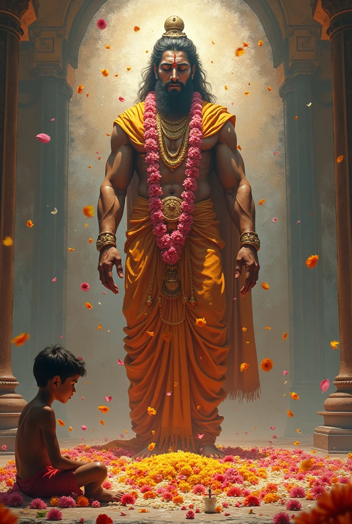 Hanumanji is blessing his devotees with a lot of flowers lying around him. A huge picture of Ramji is placed in front of Hanumanji and a boy is sitting there with his head bowed.