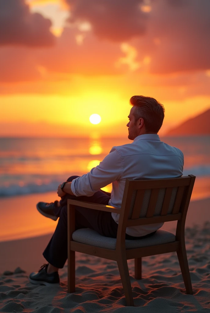 A 35years old man lookes very good and sit down on chair and sunset . On bich but luking like clearly human being