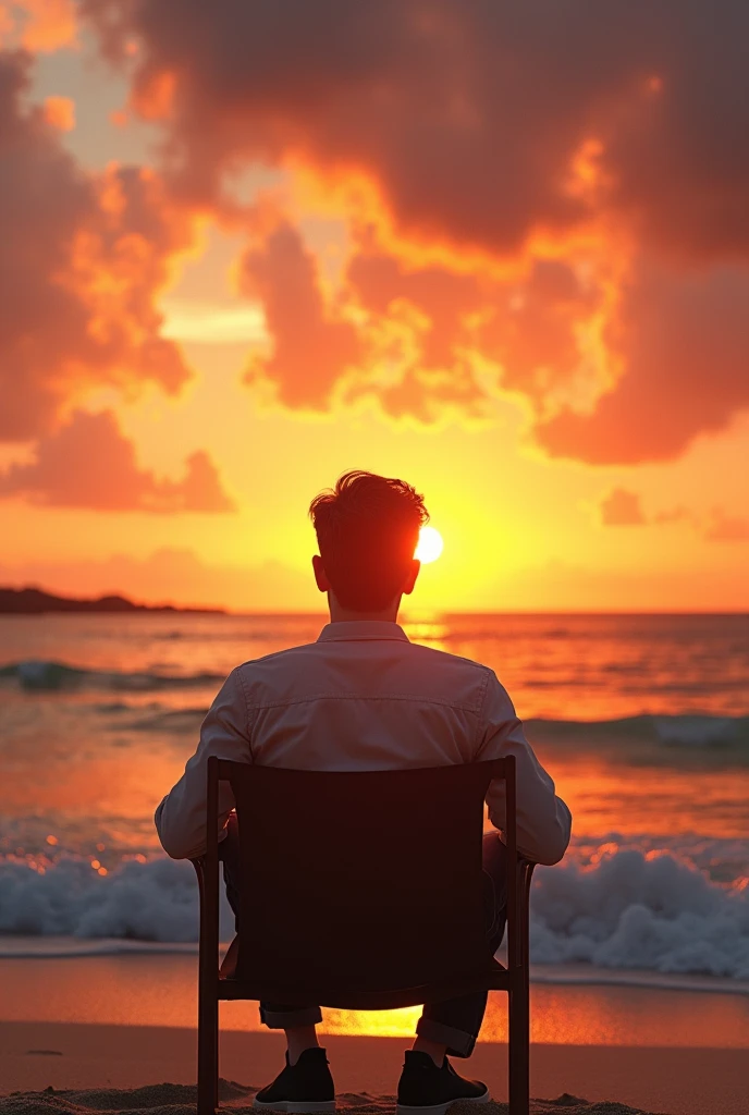 A 35years old man lookes very good and sit down on chair and sunset . On bich but luking like clearly human being 