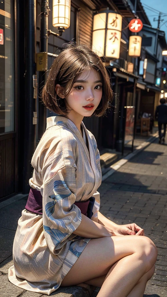 The whole body is projected,The butt is shown,Legs are shown,(Highest quality, masterpiece:1.3), shape, ((Beautifully detailed face)), Beautiful and detailed skin, Intricate details, Very detailed, Best image quality in 8K,(1 high school girl:kimono),Japanese girl,Baby Face,(Detailed Hair,Bobcut:1.4),Detailed lips,Close your mouth for a moment.,blush,Embarrassing,Realistic Face,Realistic Skin,(Vibrant Skin),Bright lips,Lip gloss,(Kyoto cityscape),Night cityscape,