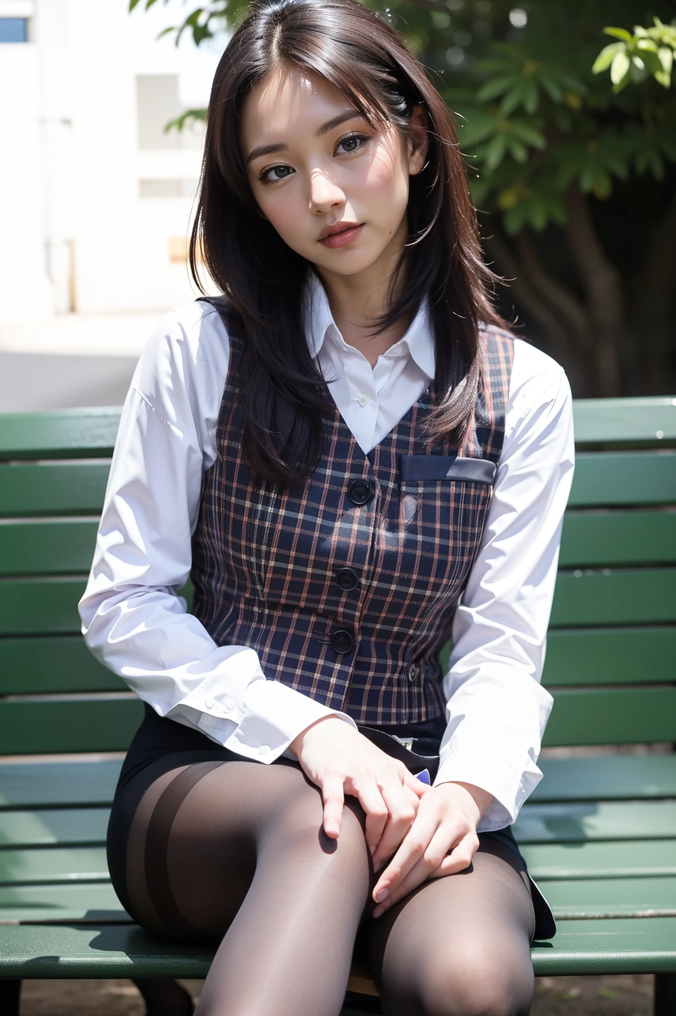 ulzzang-6500-v1.1, (RAW Photos:1.2), (Realistic), (Genuine:1.4), 1girl、Perfect Anatomy、4、Looking into the camera、Medium Long Hair、Plaid vest、((Sit on a bench:1.3))、(Ultra-realistic pantyhose:1.3), (High heels)、(Business services)、