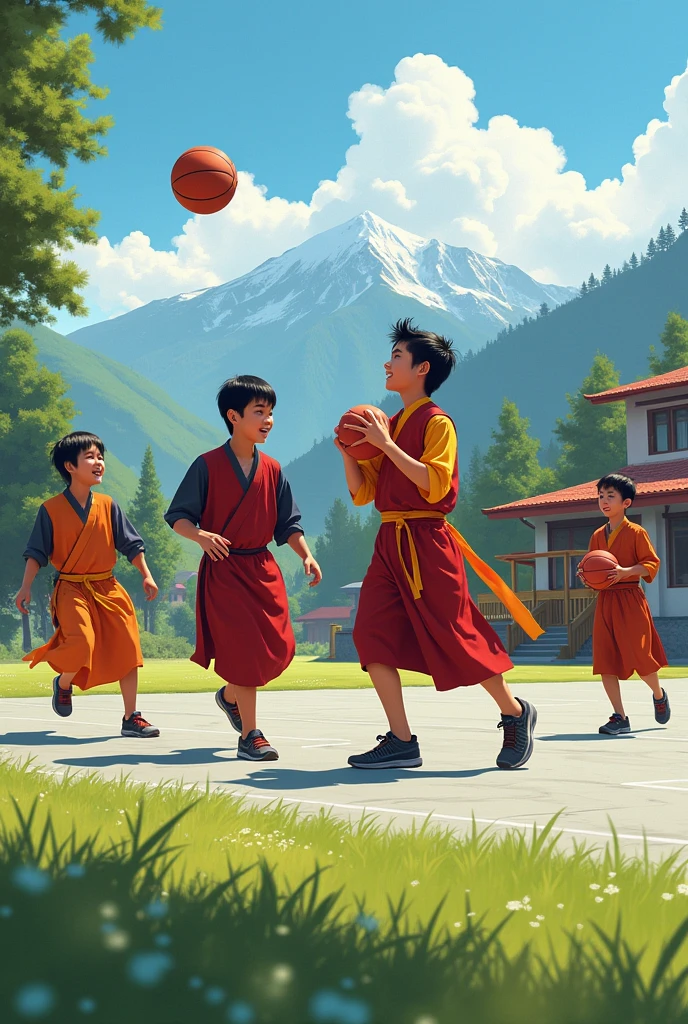 A Bhutanese group of students wearing ghi and play basketball in school