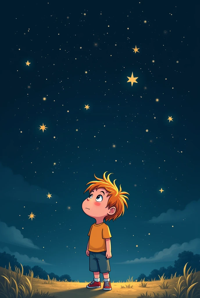 Cartoon of a boy looking at the night with stars