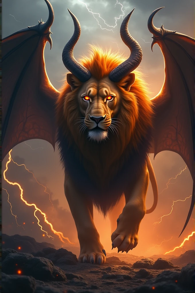 Create an image depicting the fusion of a devil and a lion, inspired by the character of the Lion King. The creature should have the body of a powerful lion with majestic golden fur, but with demonic features such as sharp, black horns emerging from its head, fiery red eyes, and dark, bat-like wings. The lion's mane should be a mix of flowing dark flames and shadows, giving it an otherworldly appearance. The background should depict a dark, stormy landscape, with ominous clouds and flashes of lightning illuminating the scene."