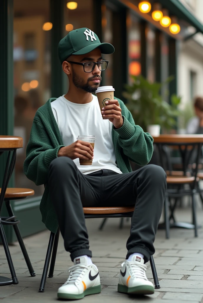 best qualityer:1.4), (ultra high resolution:1.2), (photorrealistic:1.4), (8k, CRU photo:1.2), a thin young man of 20 years old, skin black, with a smooth, beardless face, corte de cabelo buzzcut, is sitting on a chair outdoors in an urban setting. He wears a simple white t-shirt, black pants and a green sweater thrown over his shoulders. He wears a dark green cap with the New York Yankees logo., Thin frame glasses. On the feet, he wears white sneakers with green details. The man holds a glass of cold drink and appears to be relaxing while sipping his coffee. The scenery in the background is made up of stone paving and a glass facade., indicating a cafe or restaurant environment. A thin person.