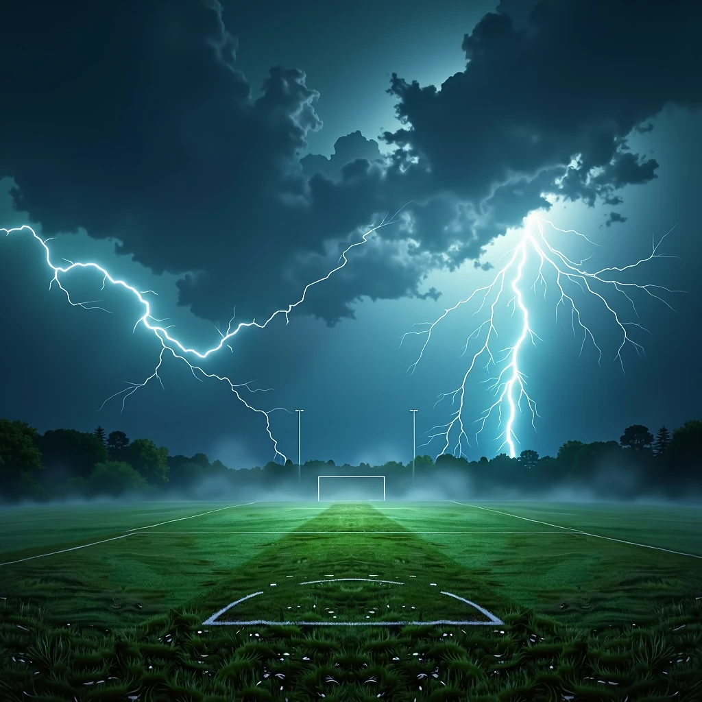 a football field without players or fans with several lightning bolts falling from the sky