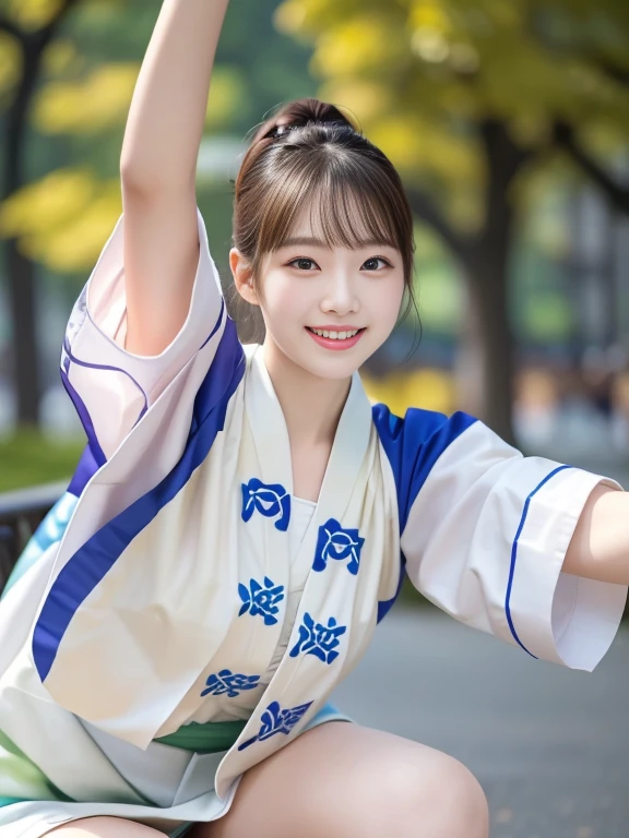 Photo-realistic quality、A Japanese woman wearing a white happi coat and holding a folding fan is dancing the Awa Odori dance in the park, Cute playful pose of the dancer, White socks、Traditional Japanese Kimono、looking at the camera、Detailed and beautiful eyes、Cute smile、A soft and gentle look、Thin thighs