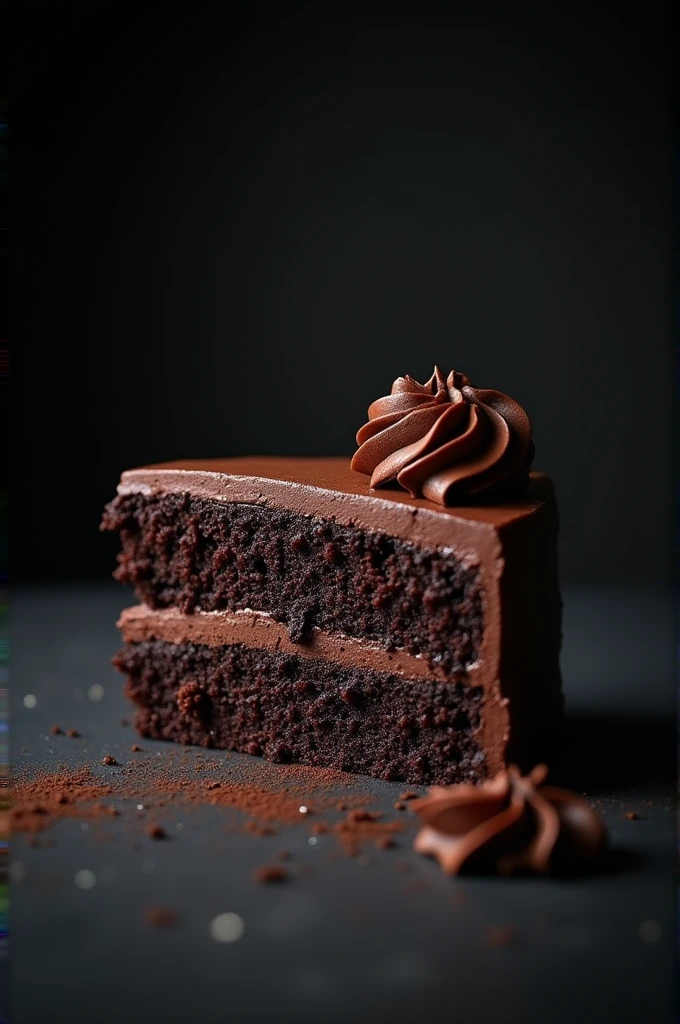 cinematic film still chocolate, chocolate cake, dark background, quality photo, moist texture, frosting, studio photo, slice . shallow depth of field, vignette, highly detailed, high budget, bokeh, cinemascope, moody, epic, gorgeous, film grain, grainy
