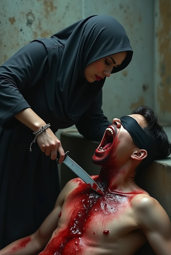 Realistic, A very beautiful Indonesia jilbab elegant graceful girl knife, cut throat A boy prisoner blindfold neck bloody splash, full body, wide open throat, throat contents, blood pooling in the mouth , entrails