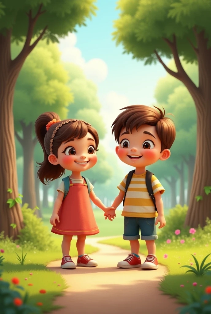 One boy and girl stand in park