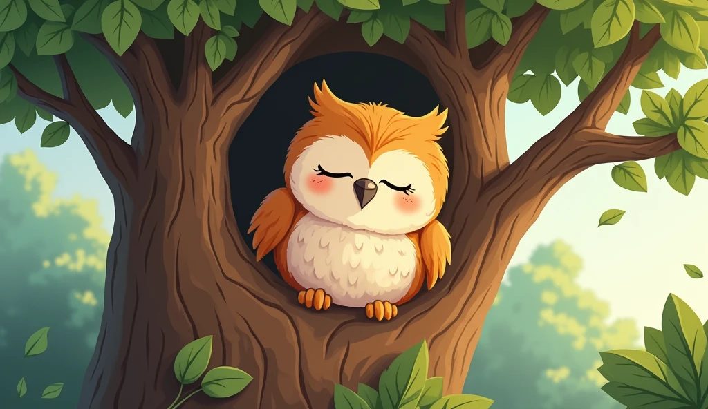 create a cartoon sleepy owl In your tree, so safe and sound