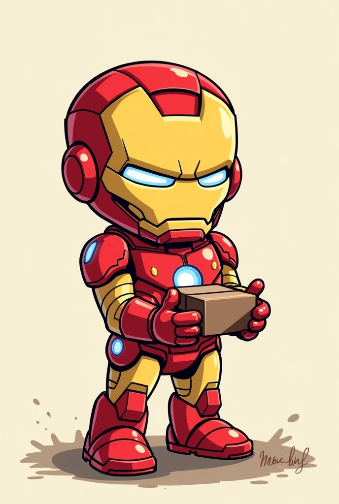 Cute adult Iron Man holding a box in his hands in a cartoon hand drawn style