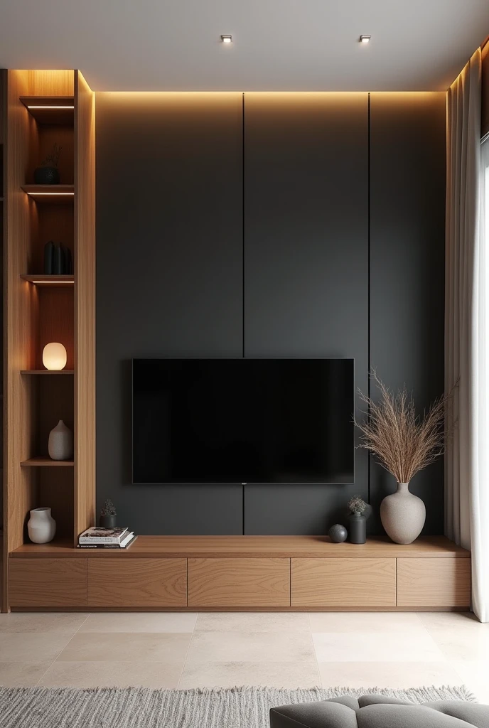 TV room with black MDF and wooden MDF cabinets and light porcelain floor, touches of lighting and minimalist and organic furniture