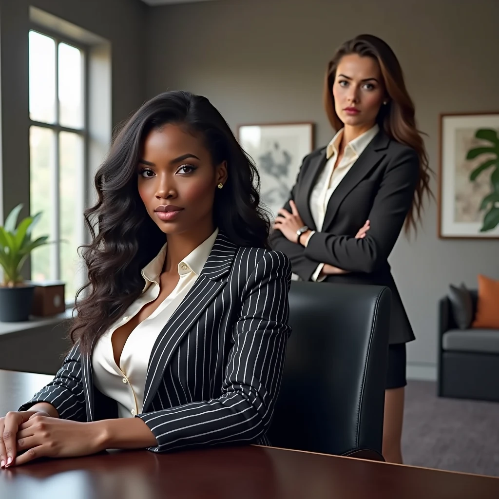 Black CEO (white satin blouse and pinstripe blazer);at her desk waits with contempt for her white secretary (blouse and mini skirt). The white secretary is behind her with a report, very nervous, looking at the camera in fear)