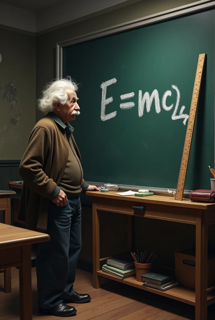 long ruler,Einstein on a school blackboard with the letter E written in chalk=m²