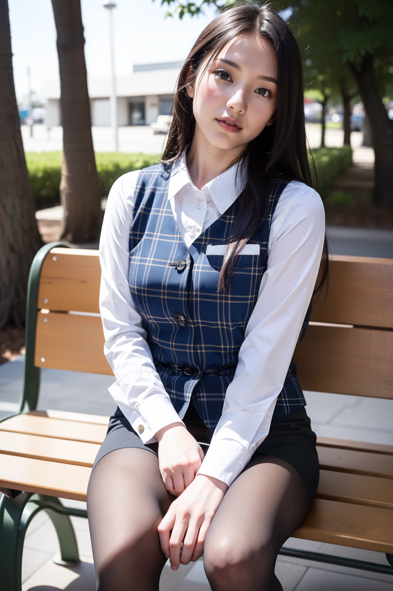 ulzzang-6500-v1.1, (RAW Photos:1.2), (Realistic), (Genuine:1.4), 1girl、Perfect Anatomy、4、Looking into the camera、Medium Long Hair、Plaid vest、((Sit on a bench:1.3))、(Ultra-realistic pantyhose:1.3), (High heels)、(Business services)、